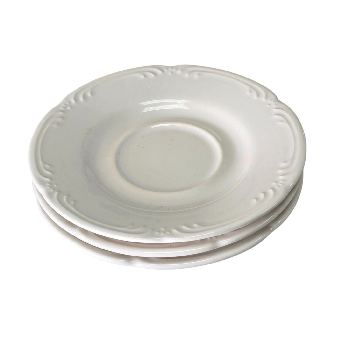 Pfaltzgraff White Saucers Embossed Design Vintage Style 6" Set 3