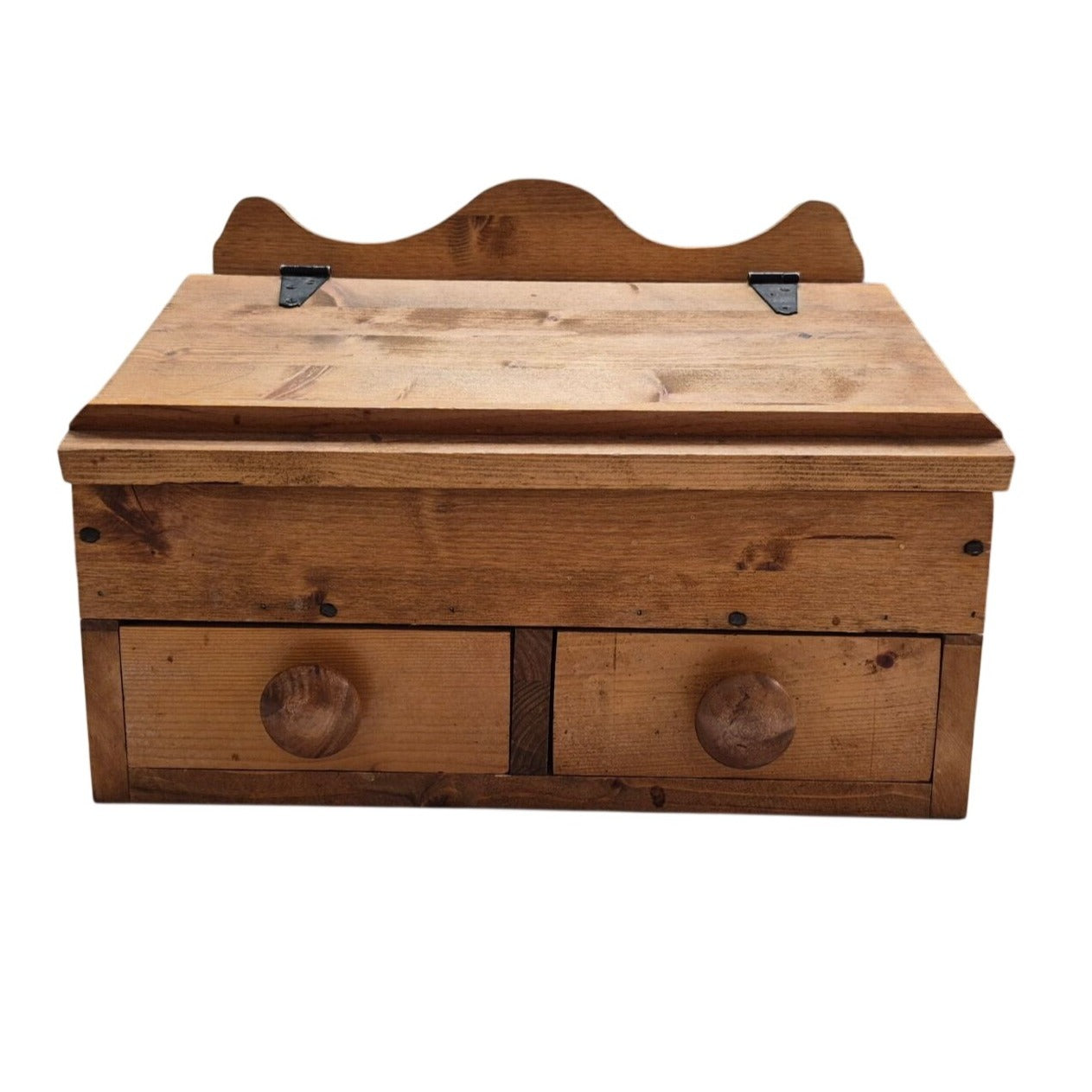 Vintage Wooden Desk Organizer With Hinged Top & Two Drawers - Rustic Farmhouse Style Storage Box