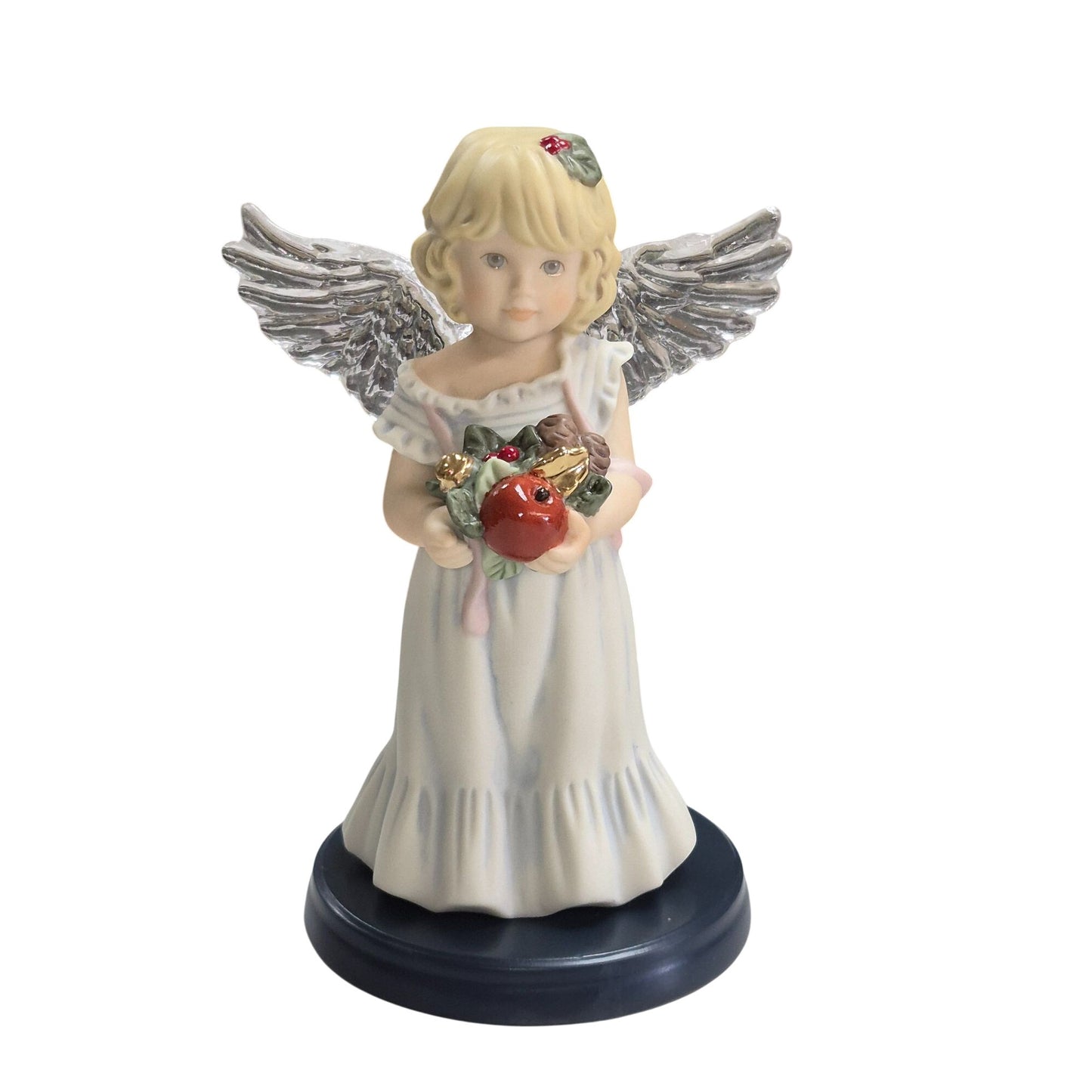 Enesco S. Kuck 2000 Angel Figurine With Silver Wings & Fruit Basket