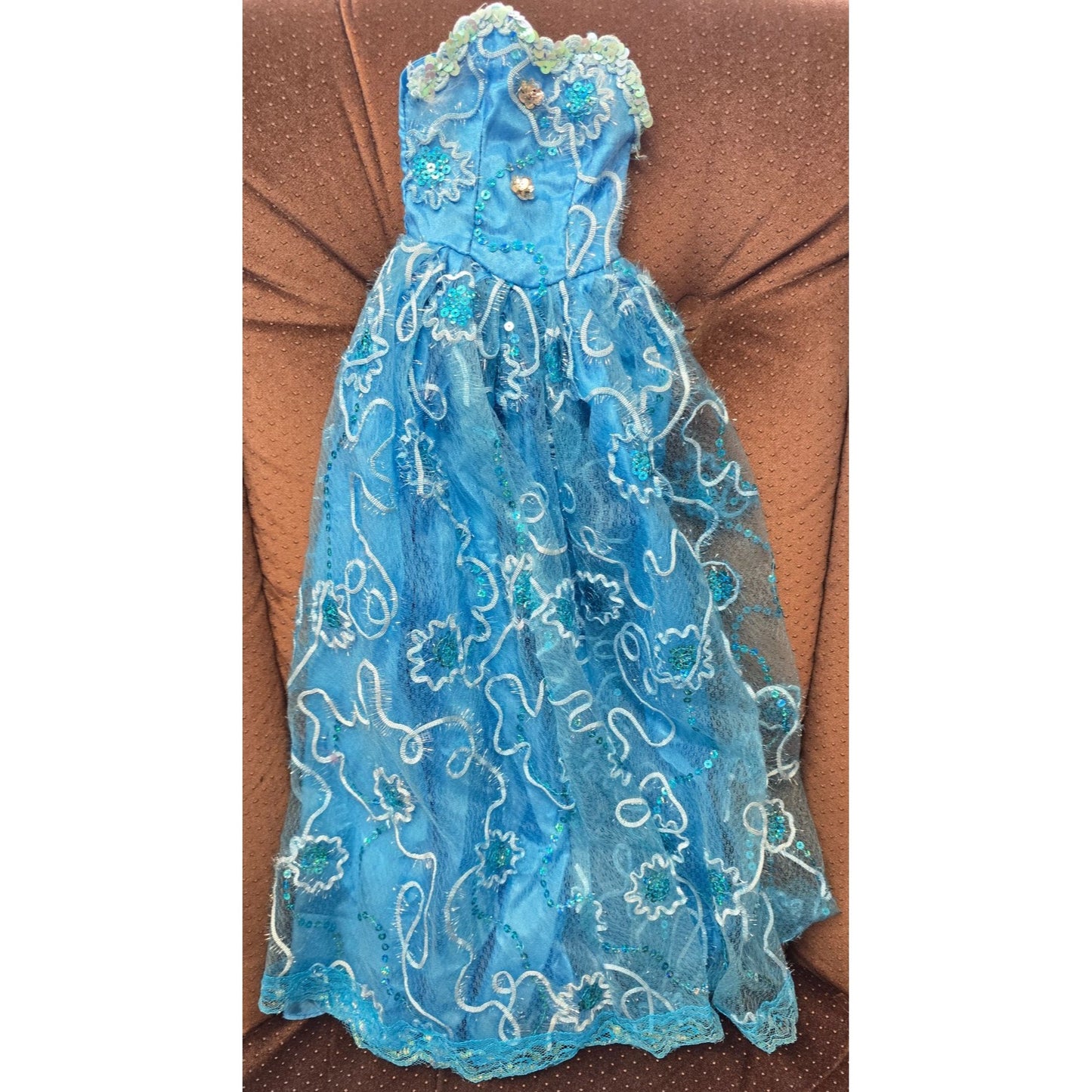 Handmade 25" Blue Embellished Doll Ball Gown Dress Sequins & Lace Overlay