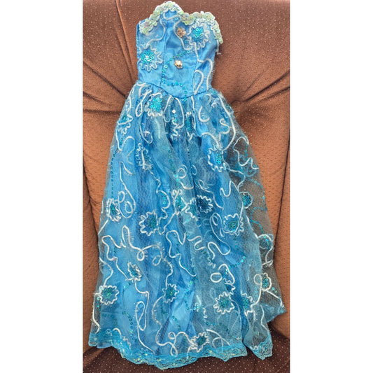 Handmade 25" Blue Embellished Doll Ball Gown Dress Sequins & Lace Overlay