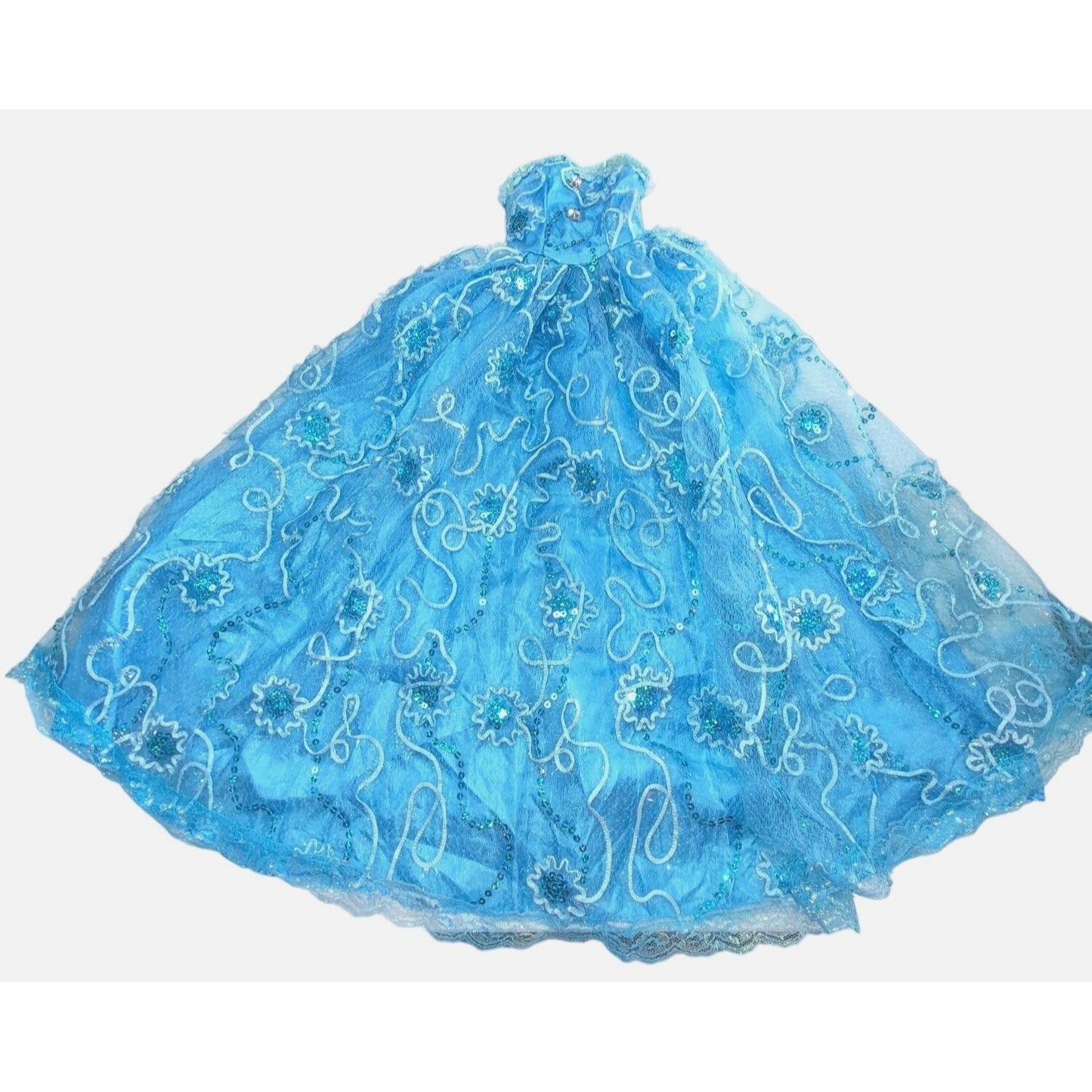 Handmade 25" Blue Embellished Doll Ball Gown Dress Sequins & Lace Overlay