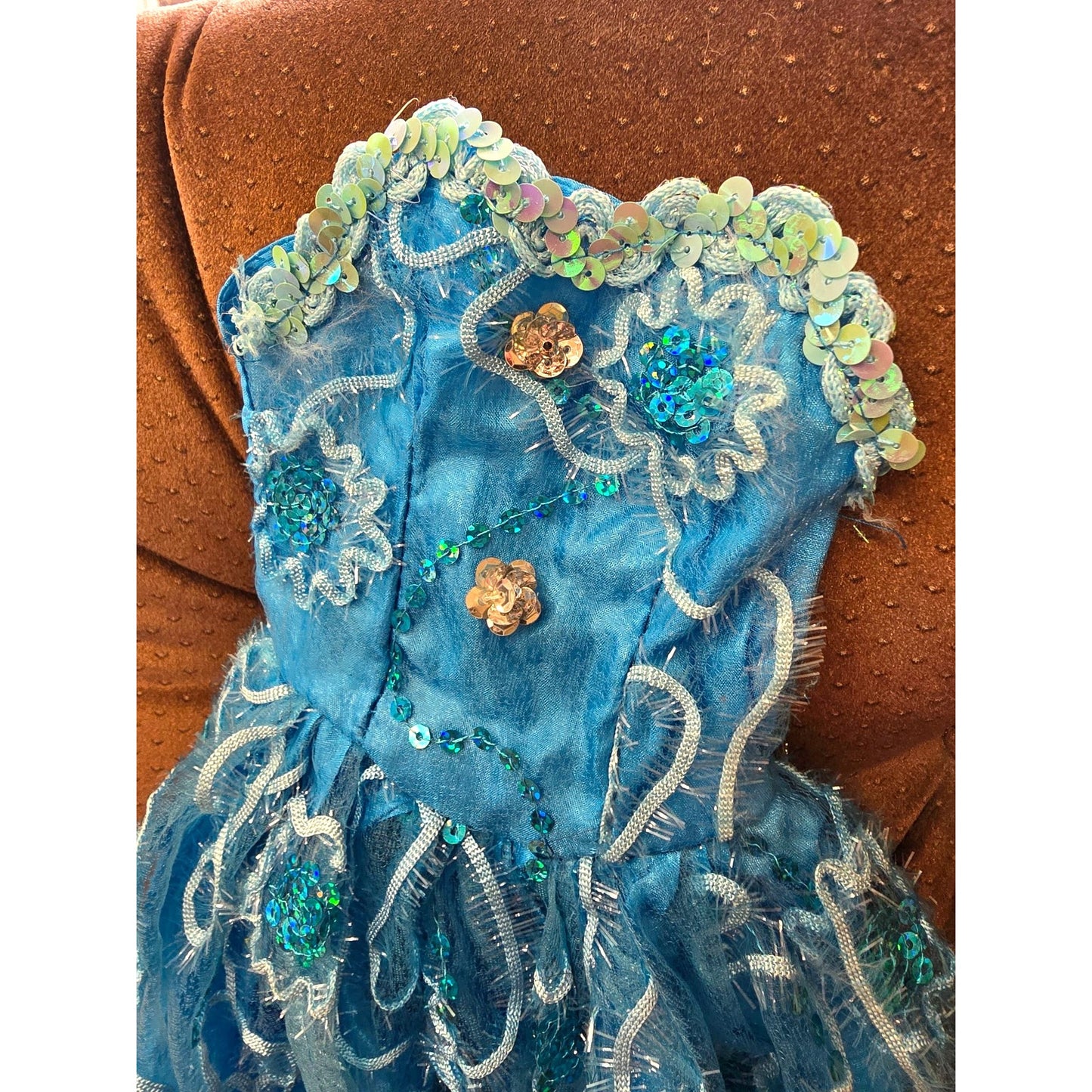Handmade 25" Blue Embellished Doll Ball Gown Dress Sequins & Lace Overlay