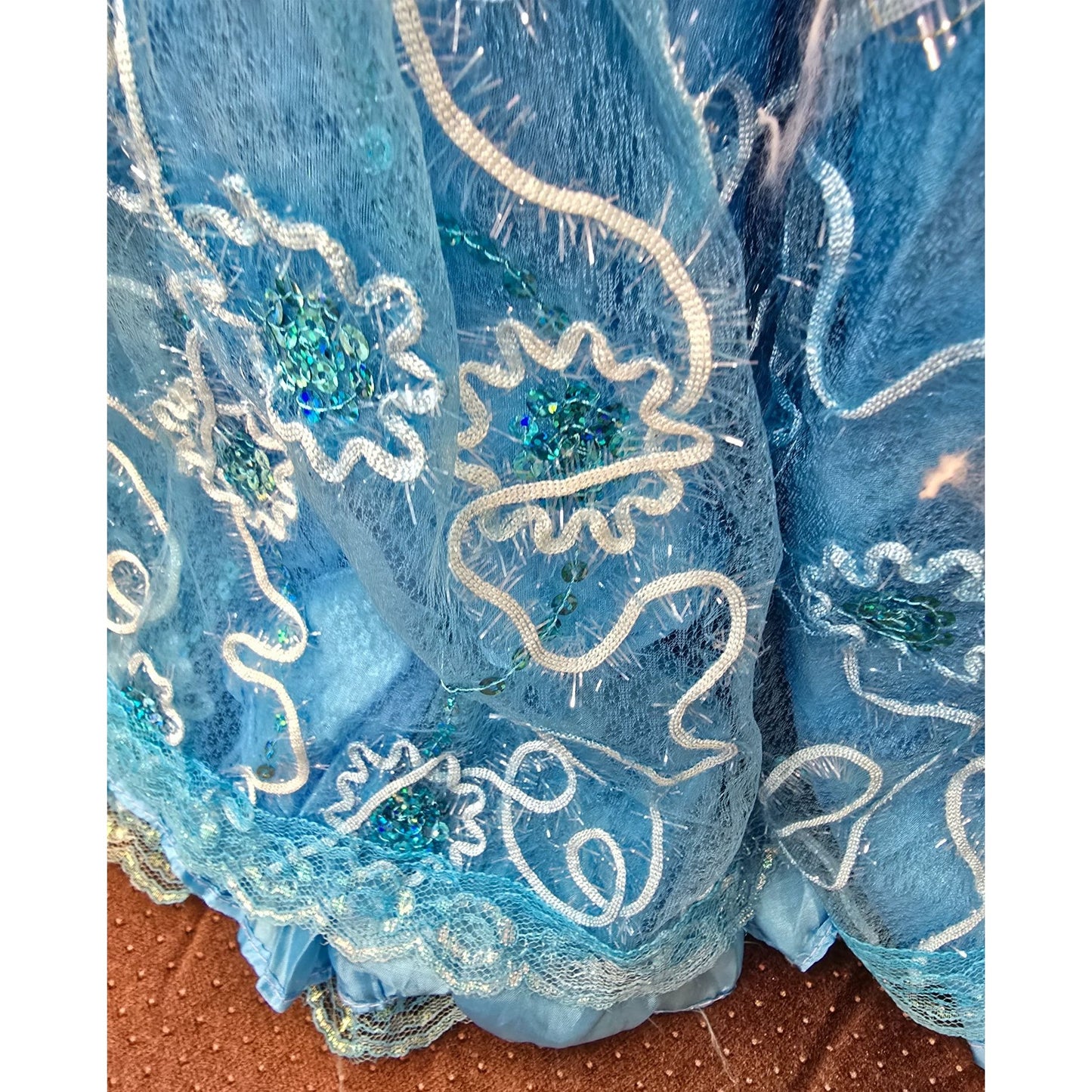 Handmade 25" Blue Embellished Doll Ball Gown Dress Sequins & Lace Overlay