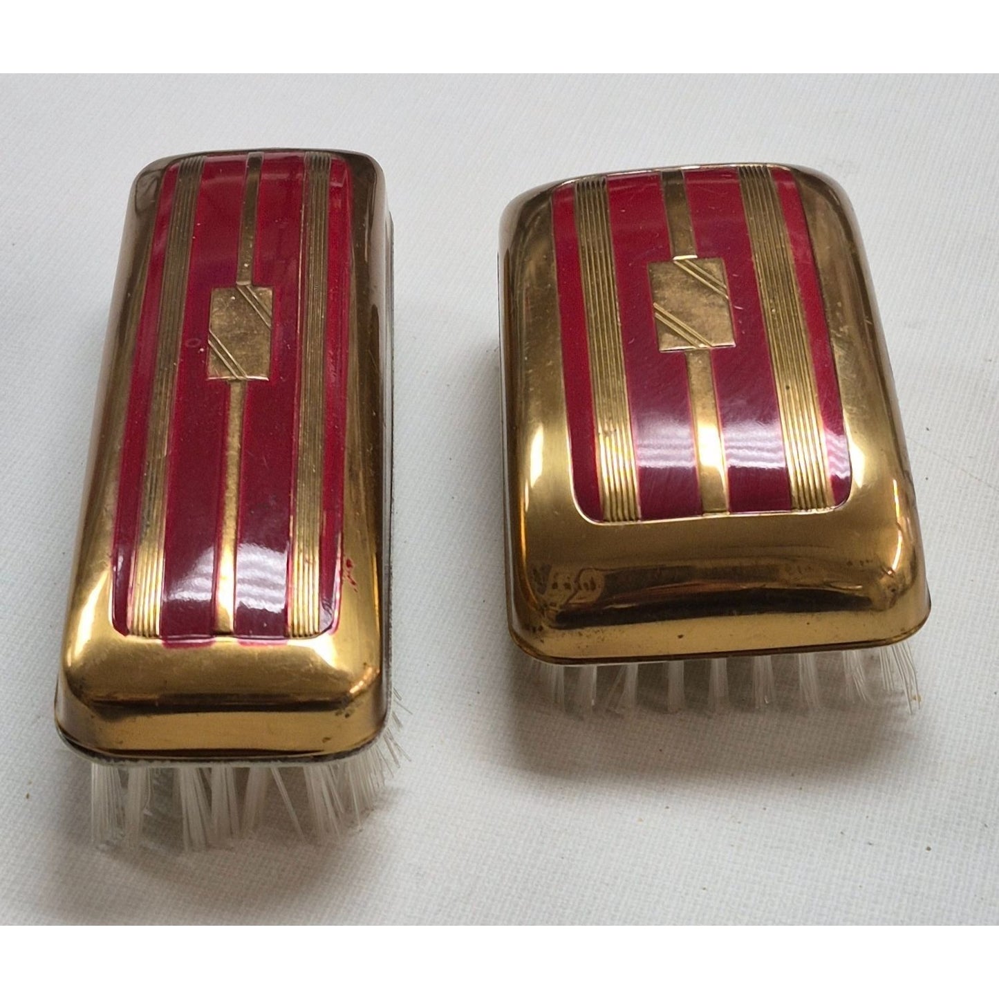 Vintage Art Deco Hairbrush Brush Set Vanity Style Gold Red Inlay