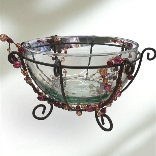 Wrought Iron Beaded Basket Glass Bowl Holder