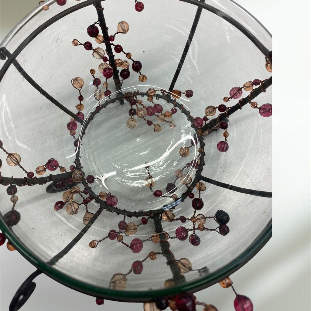 Wrought Iron Beaded Basket Glass Bowl Holder