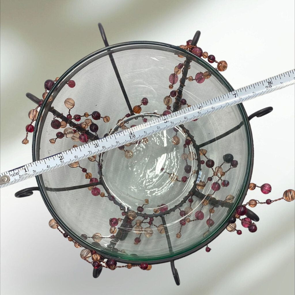 Wrought Iron Beaded Basket Glass Bowl Holder