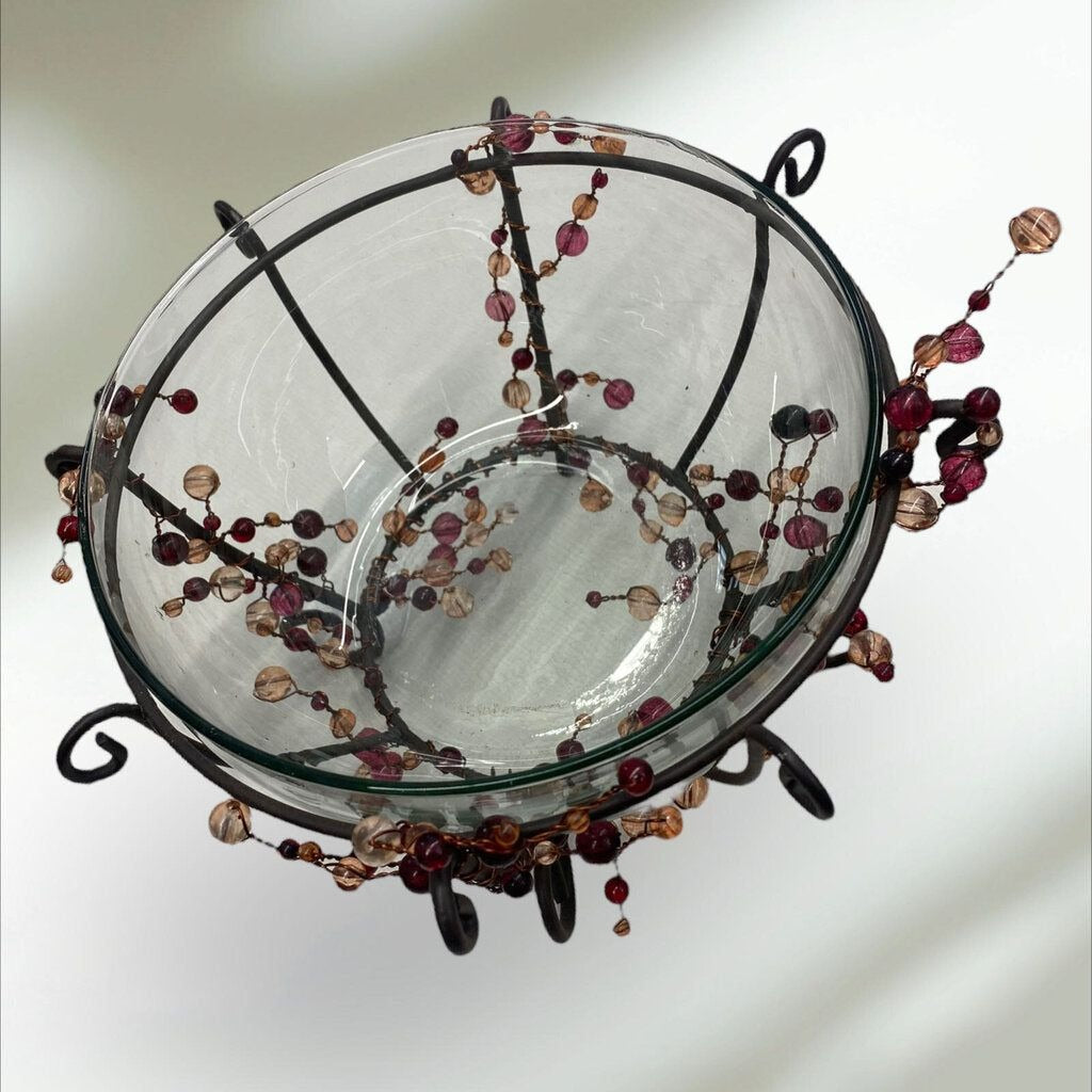 Wrought Iron Beaded Basket Glass Bowl Holder