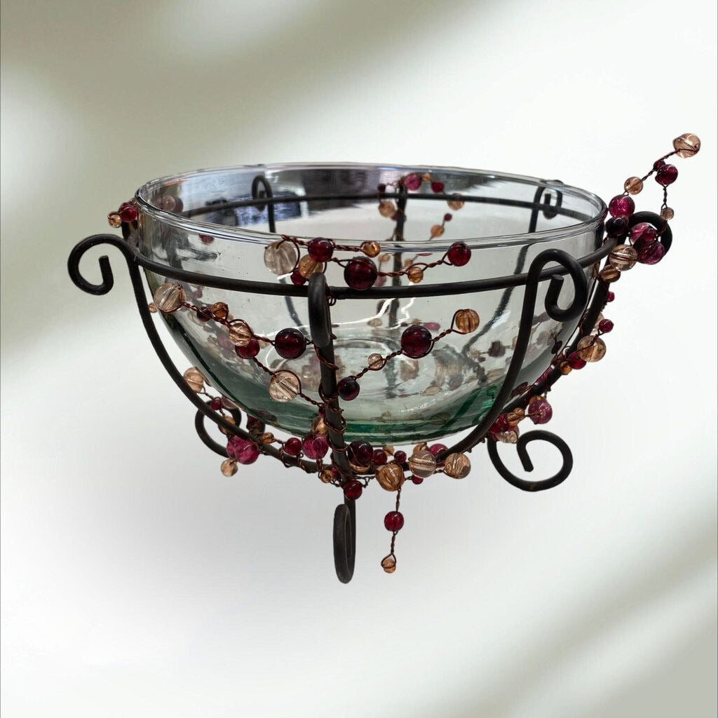 Wrought Iron Beaded Basket Glass Bowl Holder