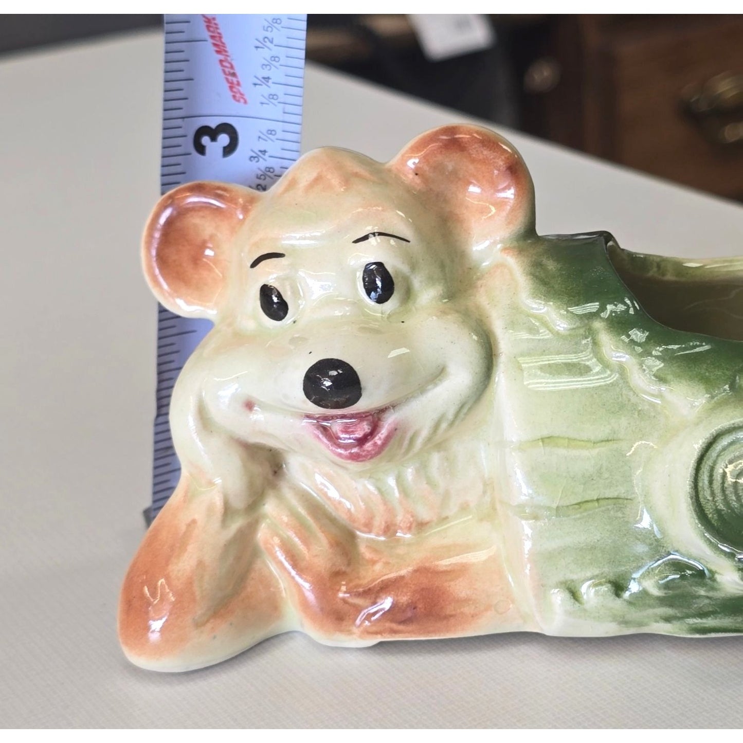 Vintage American Bisque Pottery Bear in Log