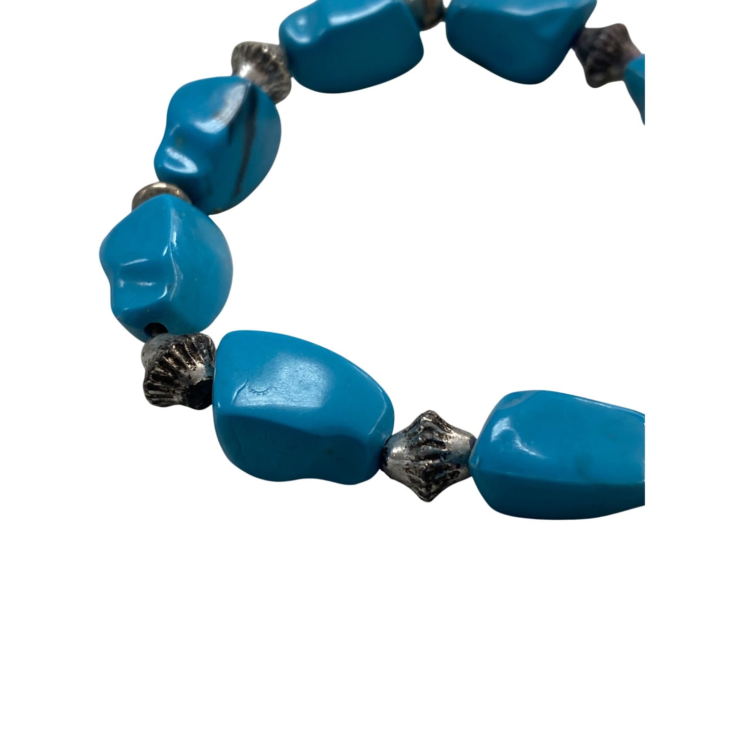 Handcrafted Faux Turquoise Nugget Style Beaded Bracelet With Silver Tone Accents