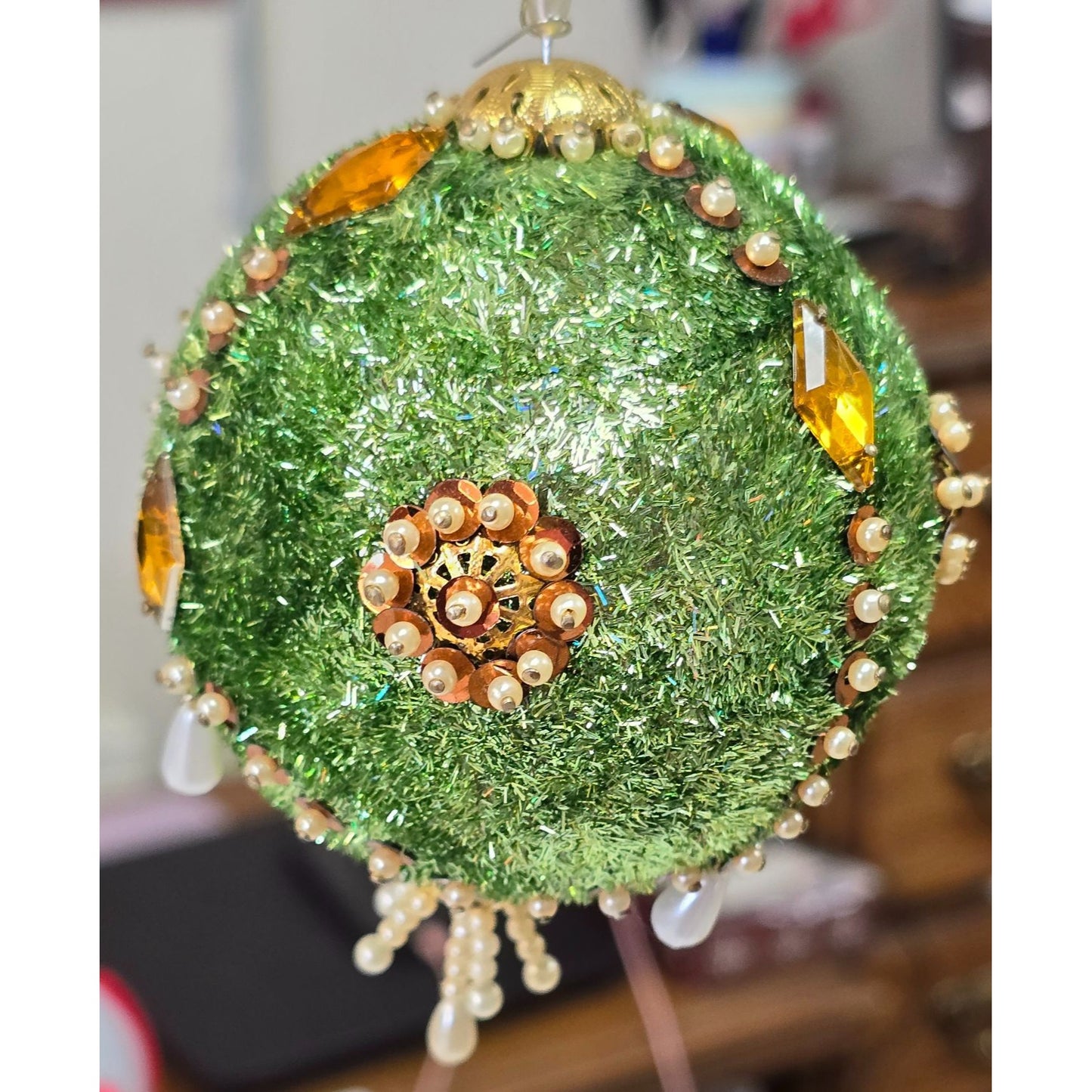 Vintage PUSHPIN ORNAMENT Green Amber Sequin Bead Ornate Christmas Tree Handmade Bling