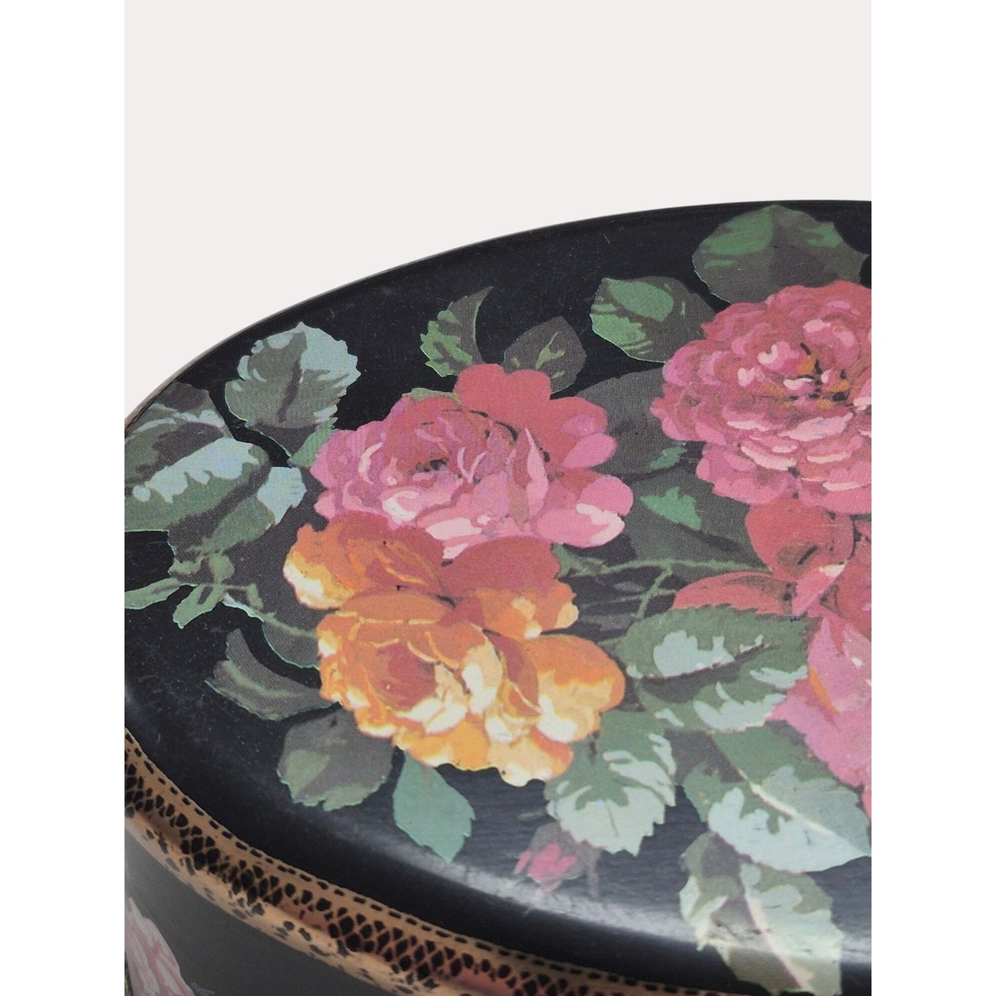 Vintage Meister Black Floral Tin Oval Box With Gold Accents Made In Brazil