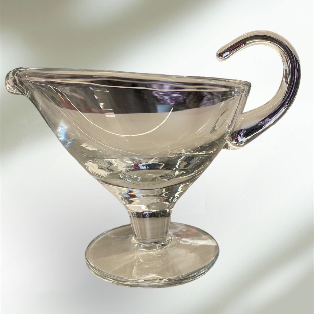 Vintage Clear Glass Footed Gravy Sauce Bowl with Handle 5" Tall 7" Wide