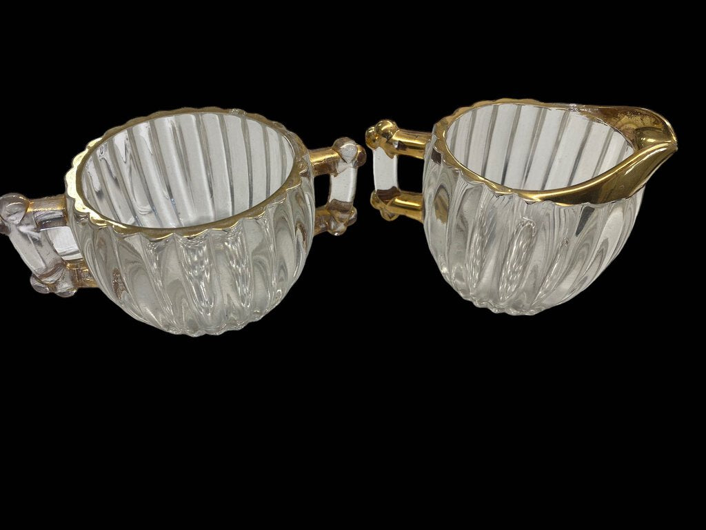 Vintage Jeanette Pattern Glass Cream & Sugar Bowl Creamer Gold Trim