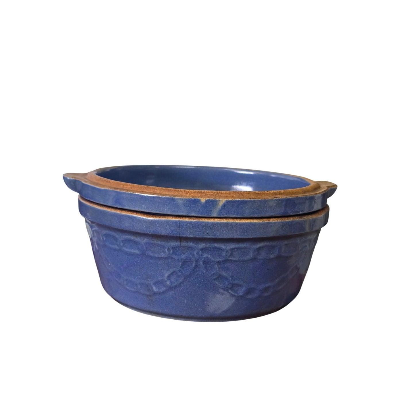 Vintage Blue Stoneware Covered Casserole / Bean Pot Embossed Chain MCM Ovenware