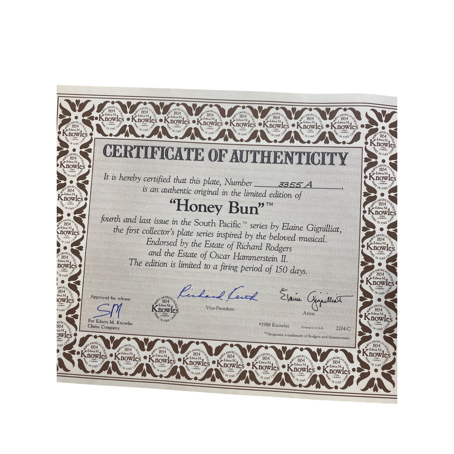 "Honey Bun" Knowles Collectors Plate By Elaine Gignilliat 1988 South Pacific Fourth Issue W/ COA Limited Edition