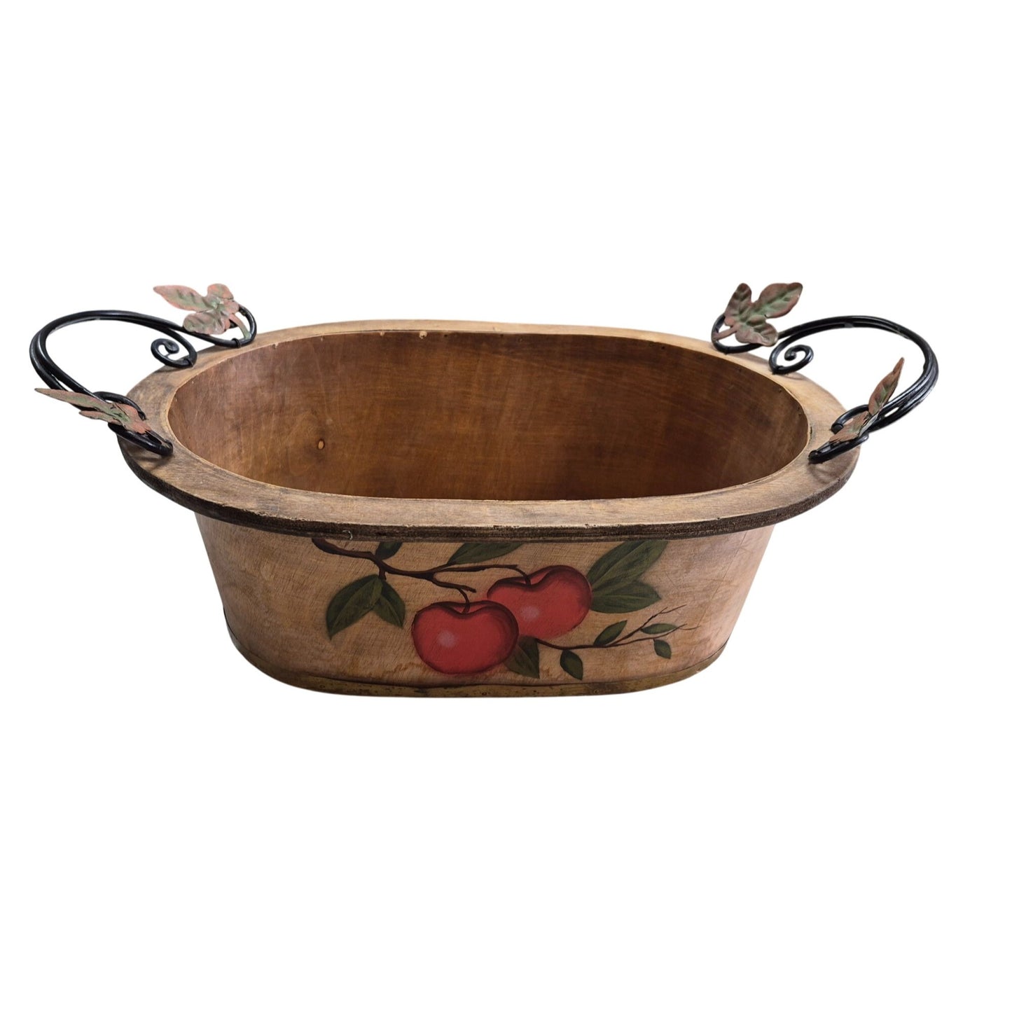 Rustic Hand Painted Bowl Bent Wood Oval Basket with Handles