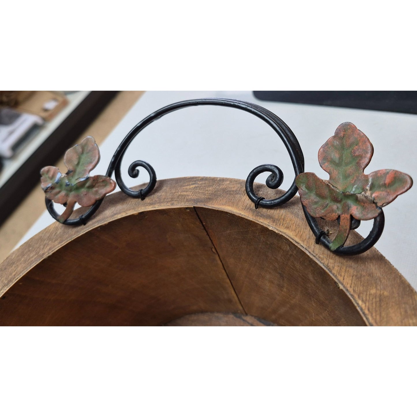 Rustic Hand Painted Bowl Bent Wood Oval Basket with Handles