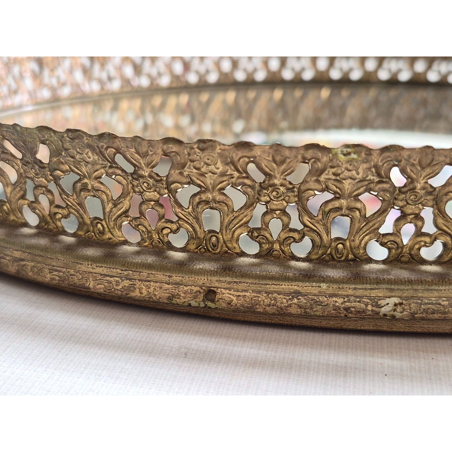 Vintage Ornate Brass Oval Vanity Tray With Mirror