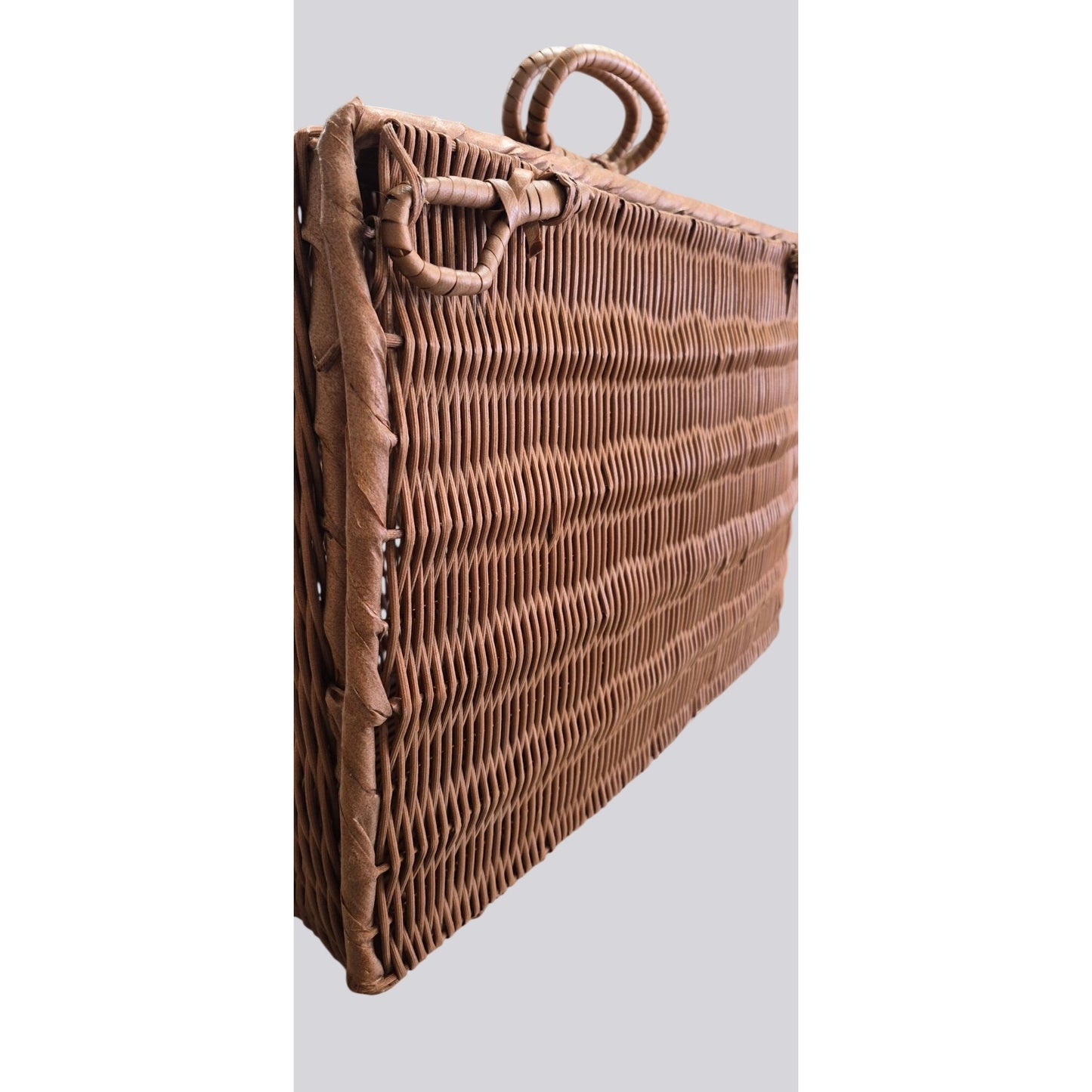 Vintage Brown Wicker Picnic Basket Hamper With Handle & Side Latches
