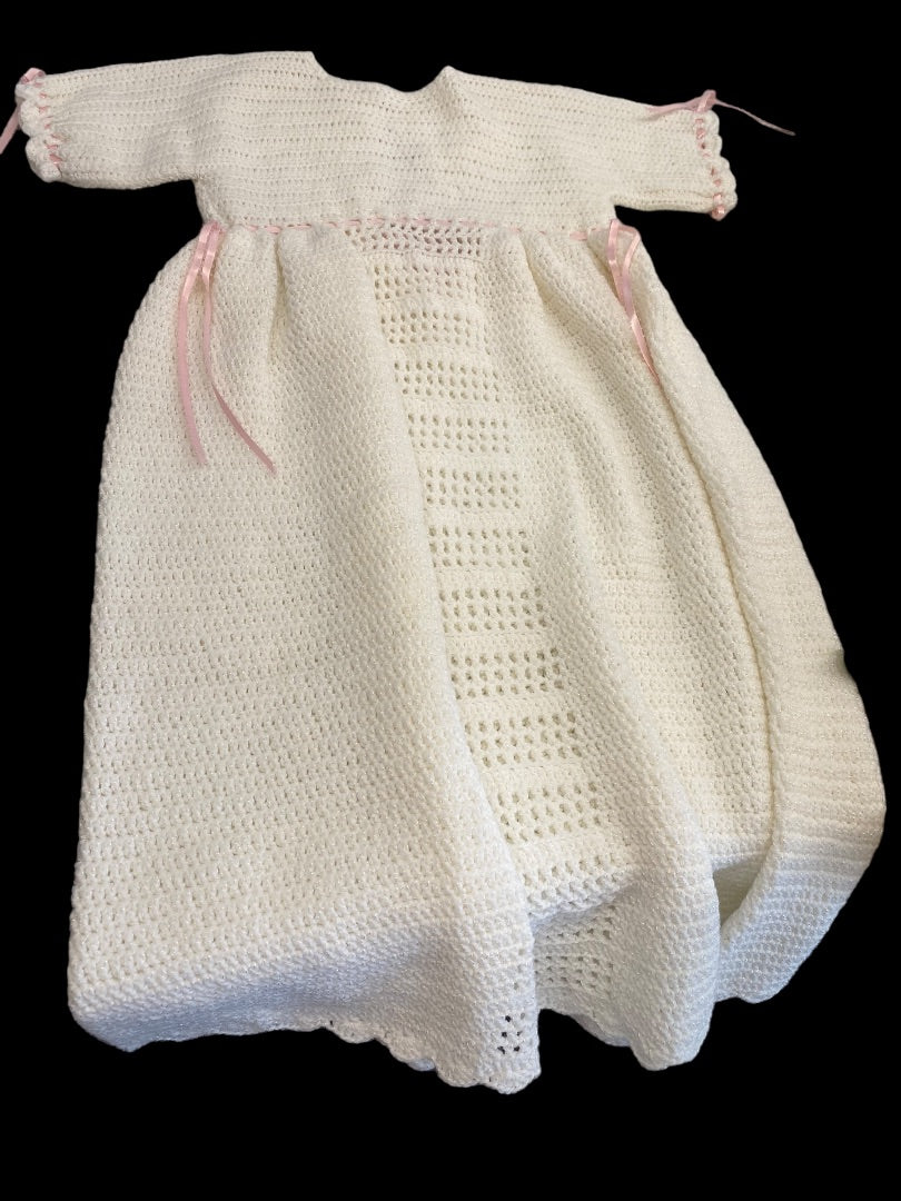Handmade Crochet Baby Baptismal Gown Dress White Pink Ribbon