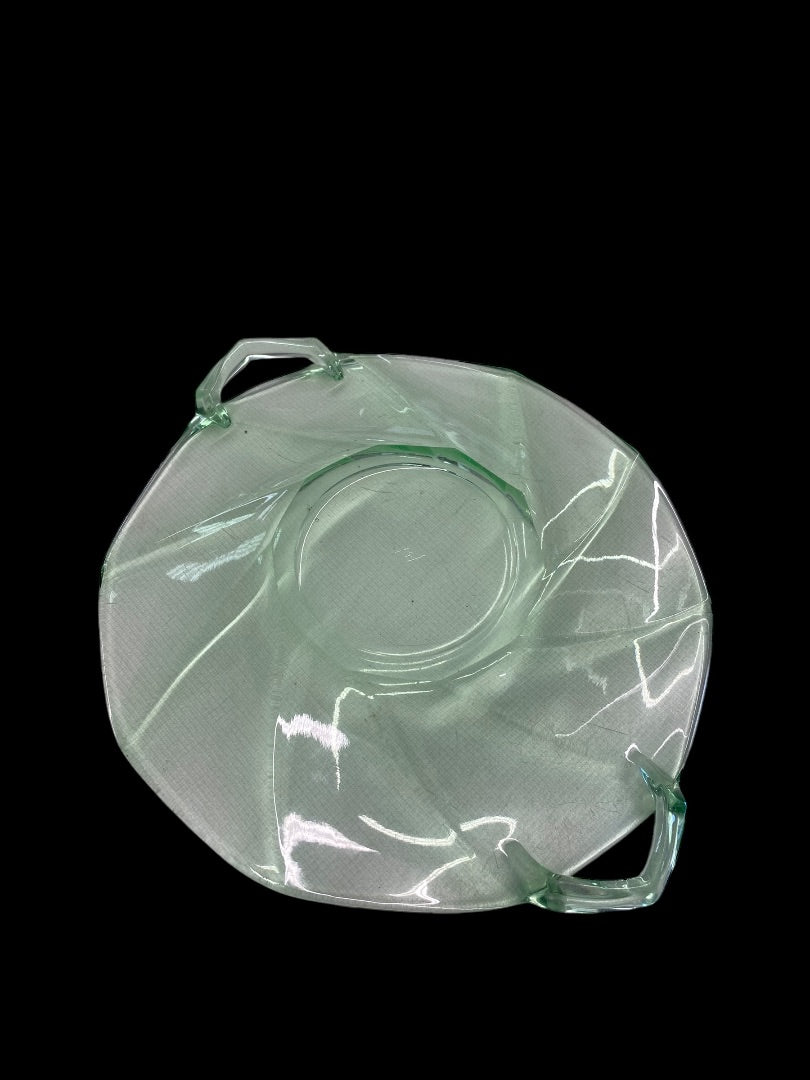 VINTAGE Green Depression Glass Plate with Handles