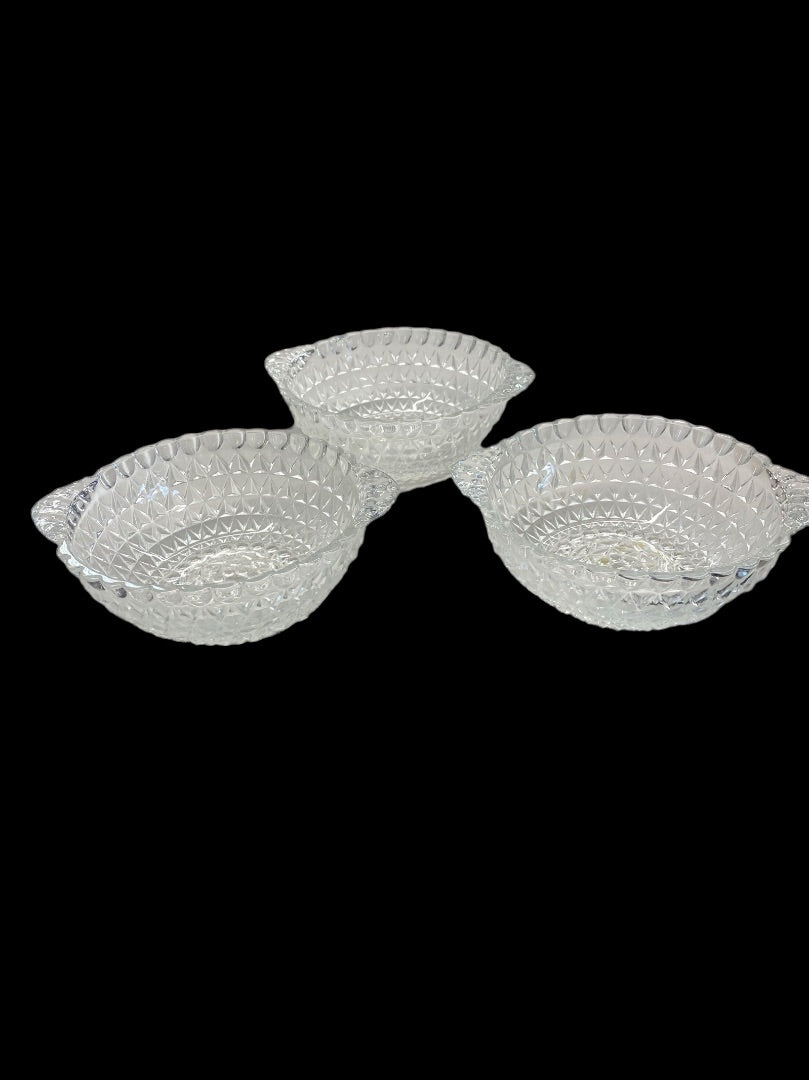 Clear Crystal Cut Diamond Double Handled Bowl Set