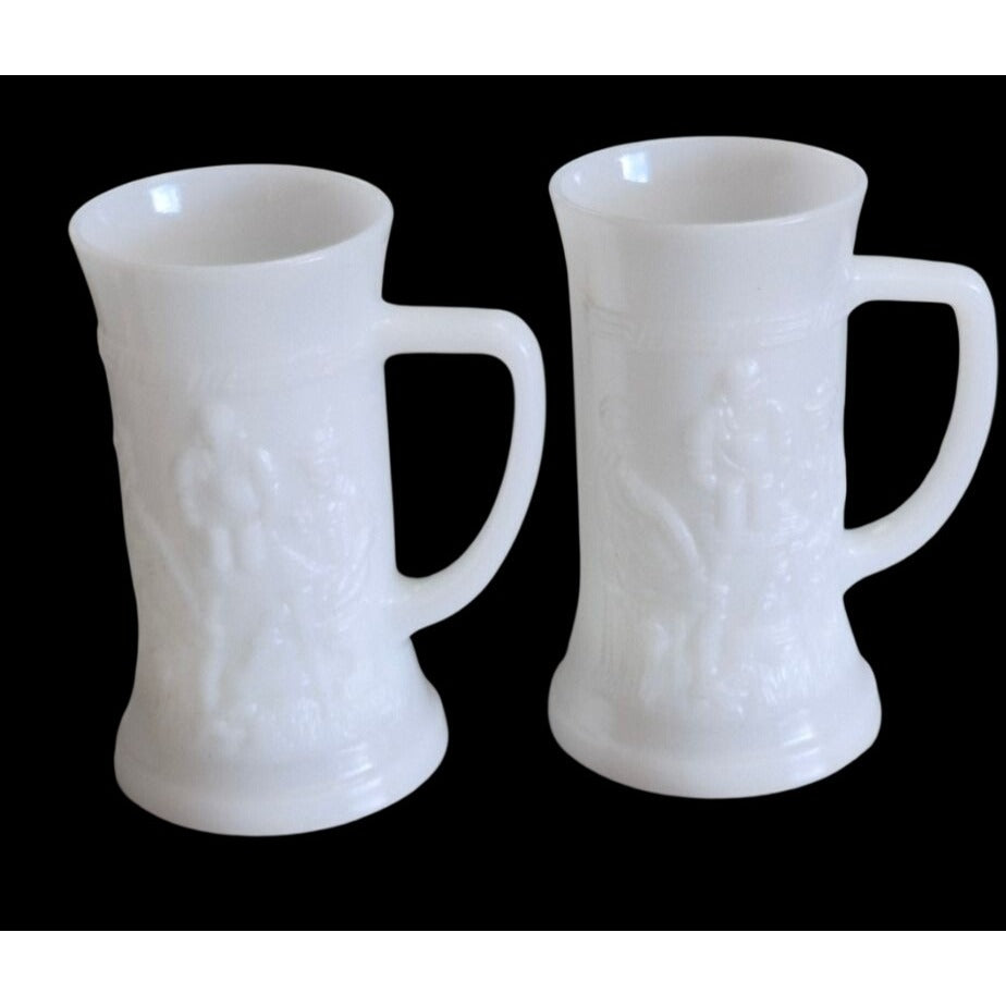 Federal Milk Glass Beer Steins Pair Tavern Scene Relief 6 " Vintage Mugs