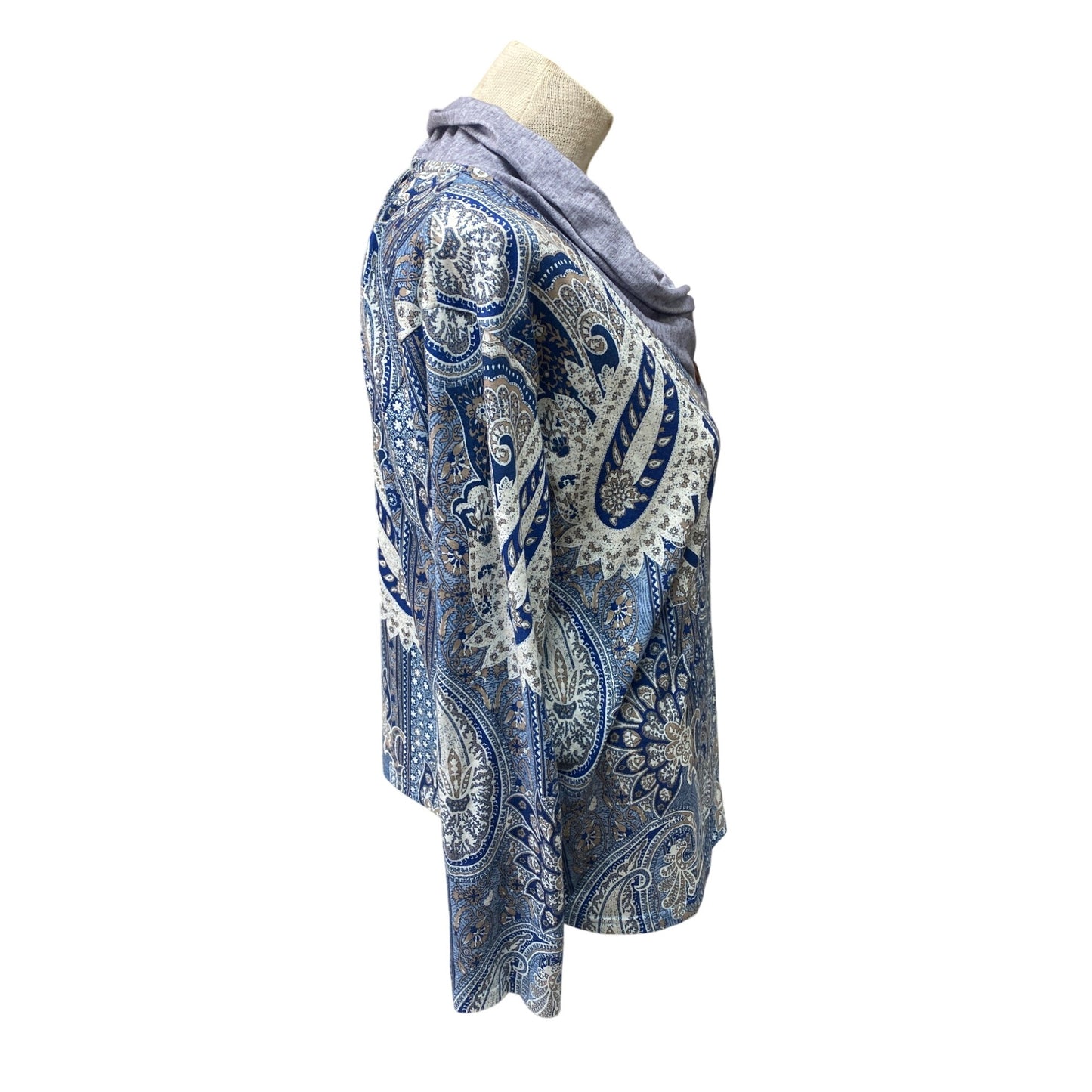Womens XL Paisley Print Long Sleeve Top With Cowl Neck & Button Accents