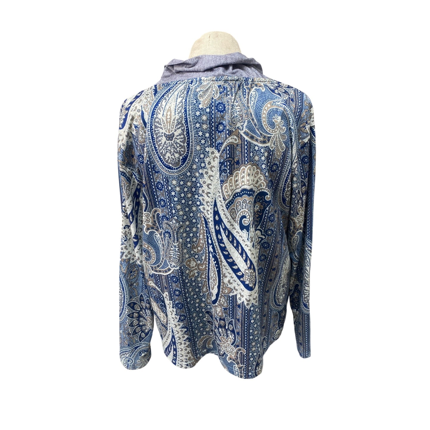 Womens XL Paisley Print Long Sleeve Top With Cowl Neck & Button Accents