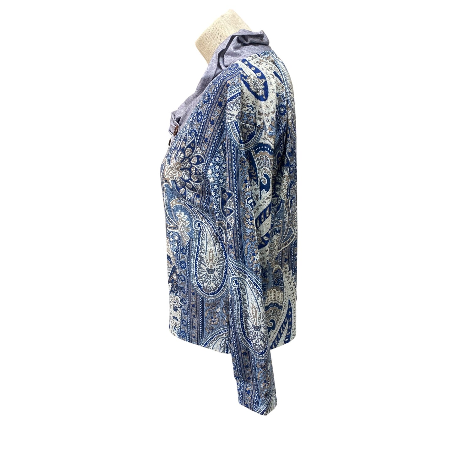 Womens XL Paisley Print Long Sleeve Top With Cowl Neck & Button Accents