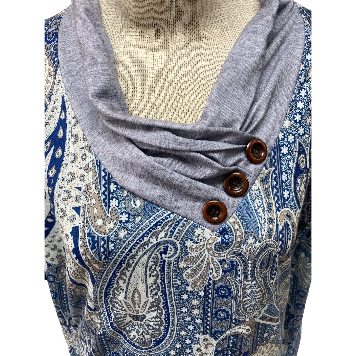 Womens XL Paisley Print Long Sleeve Top With Cowl Neck & Button Accents