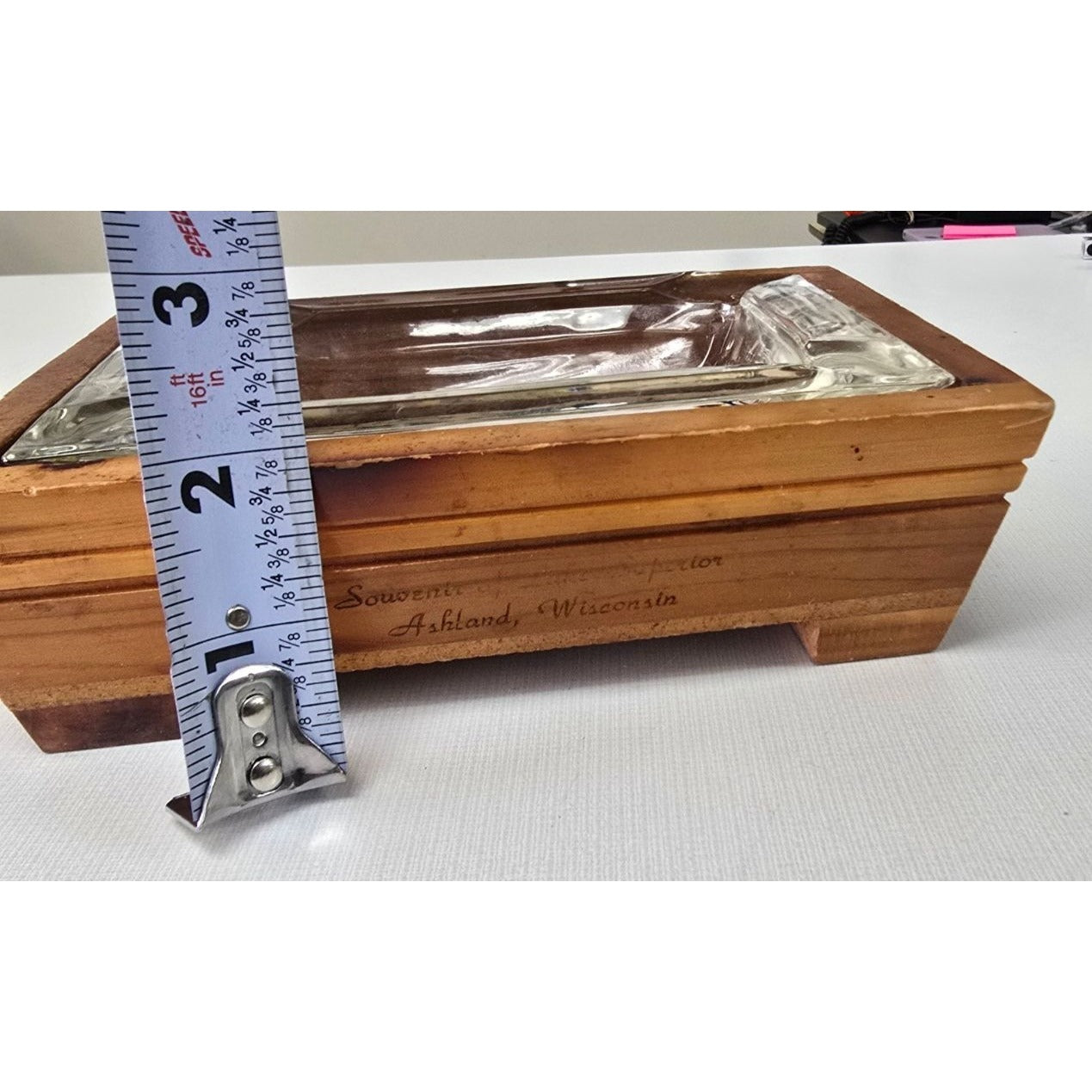 Vintage Wood Glass Ashtray Holder Cow Postcard Insert Lake Superior Ashland WI