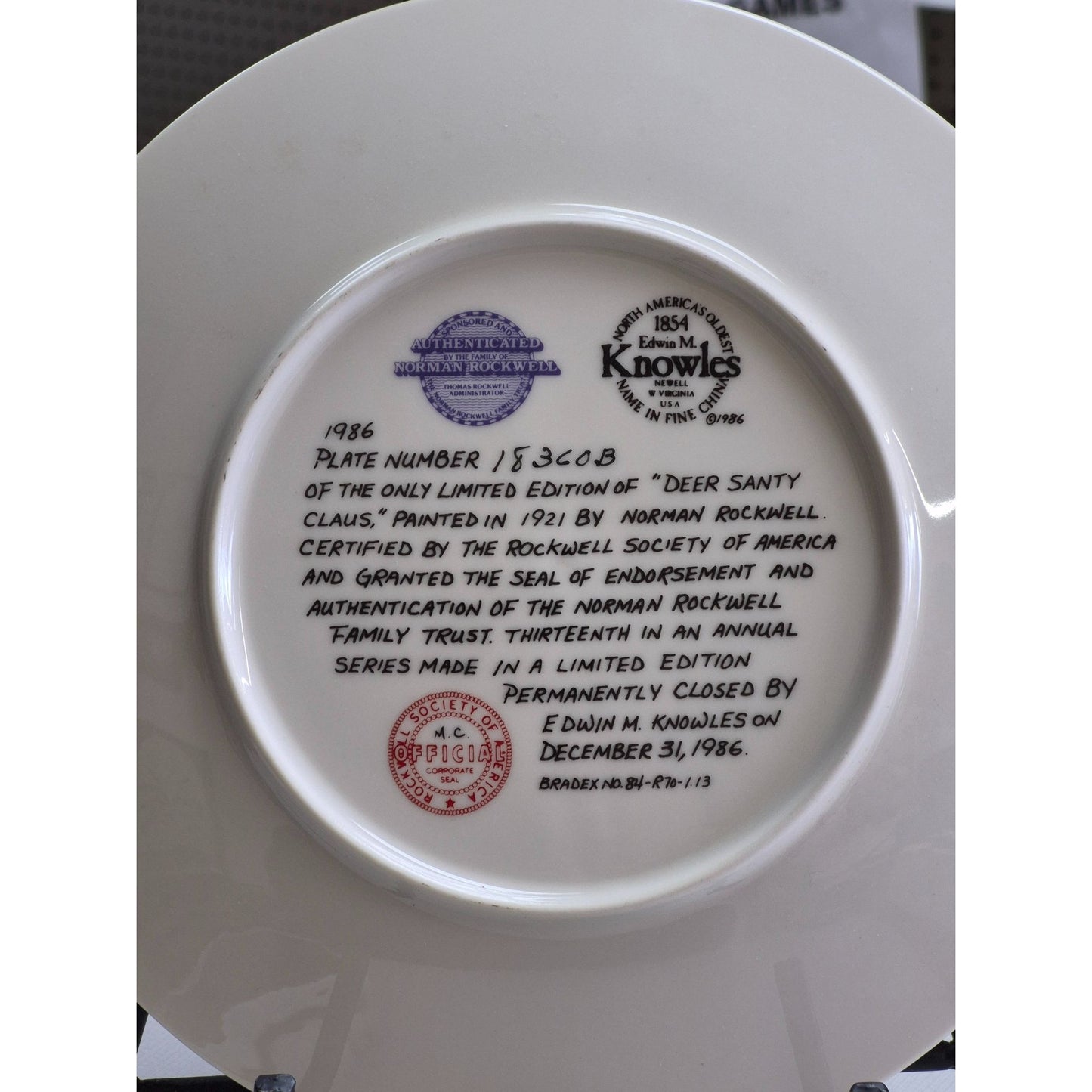 Norman Rockwell Christmas 1986 Collector Plate "Deer Santy Claus" With COA