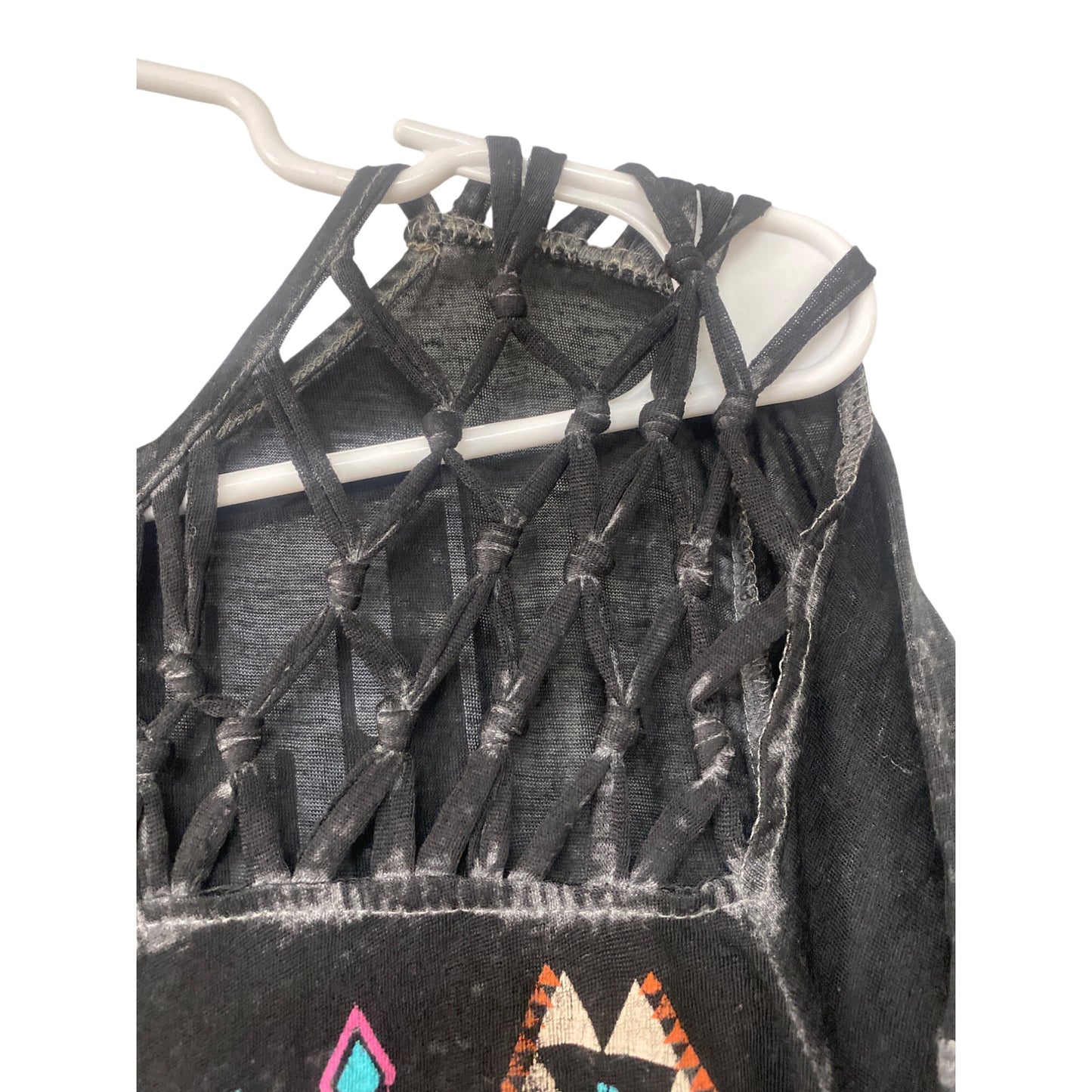 Maurices Womens Large Black Sheer Top With Aztec Print & Knotted Neckline