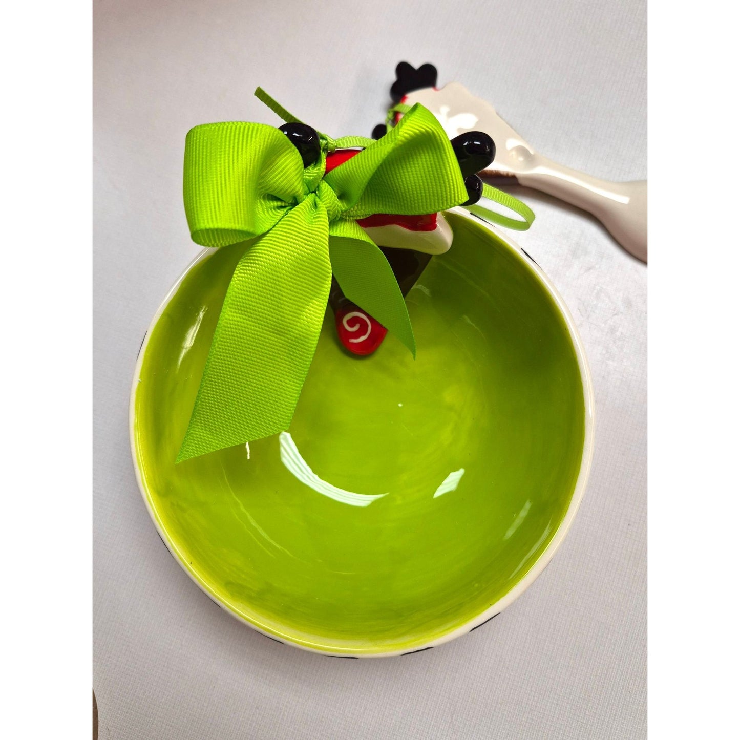 Whimsical Christmas Reindeer Ceramic Serving Bowl & Matching Spoon Set With Festive Ribbon