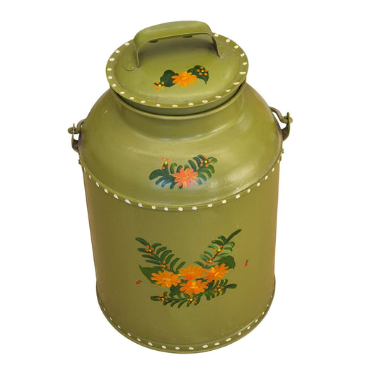 Vintage Hand-Painted Metal Milk Can Olive Green Orange Floral Design