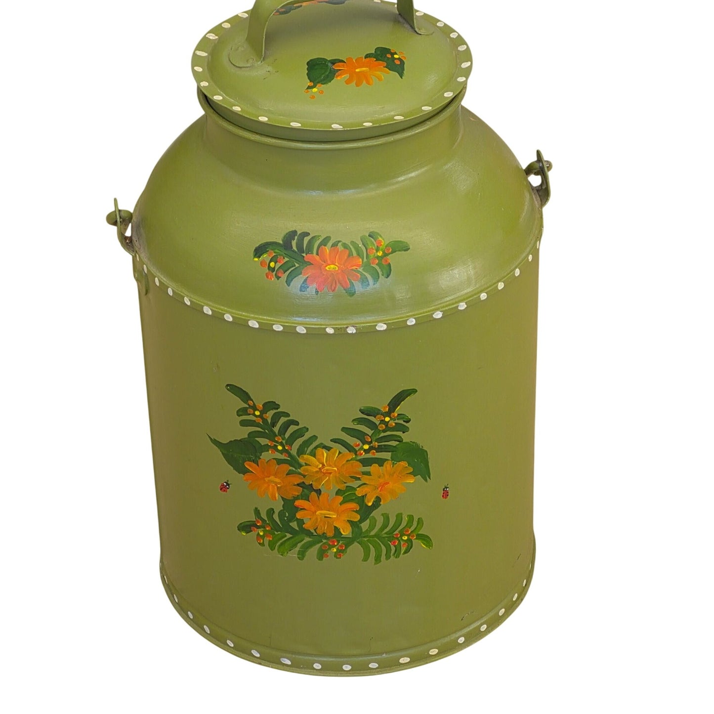 Vintage Hand-Painted Metal Milk Can Olive Green Orange Floral Design