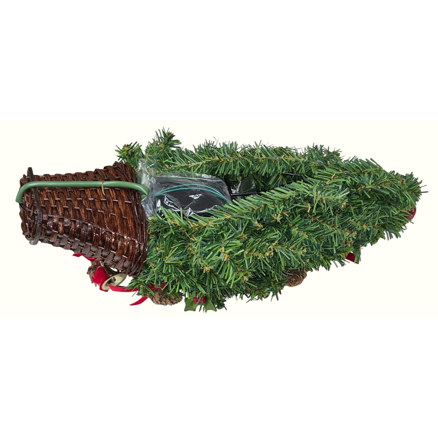 Artificial Mini Christmas Tree In Wicker Basket With Pinecones Red Berries Ribbon & Battery Lights