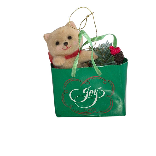 Vintage Christmas Joy Collectible Fuzzy Bear Ornament Gift Bag Decoration
