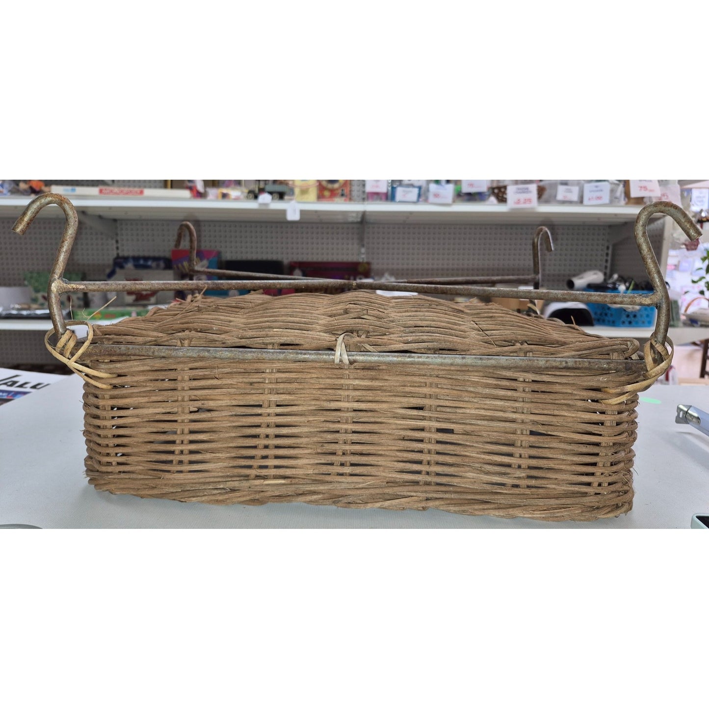 Vintage Rustic Woven Wicker Basket on Metal Stand Legs