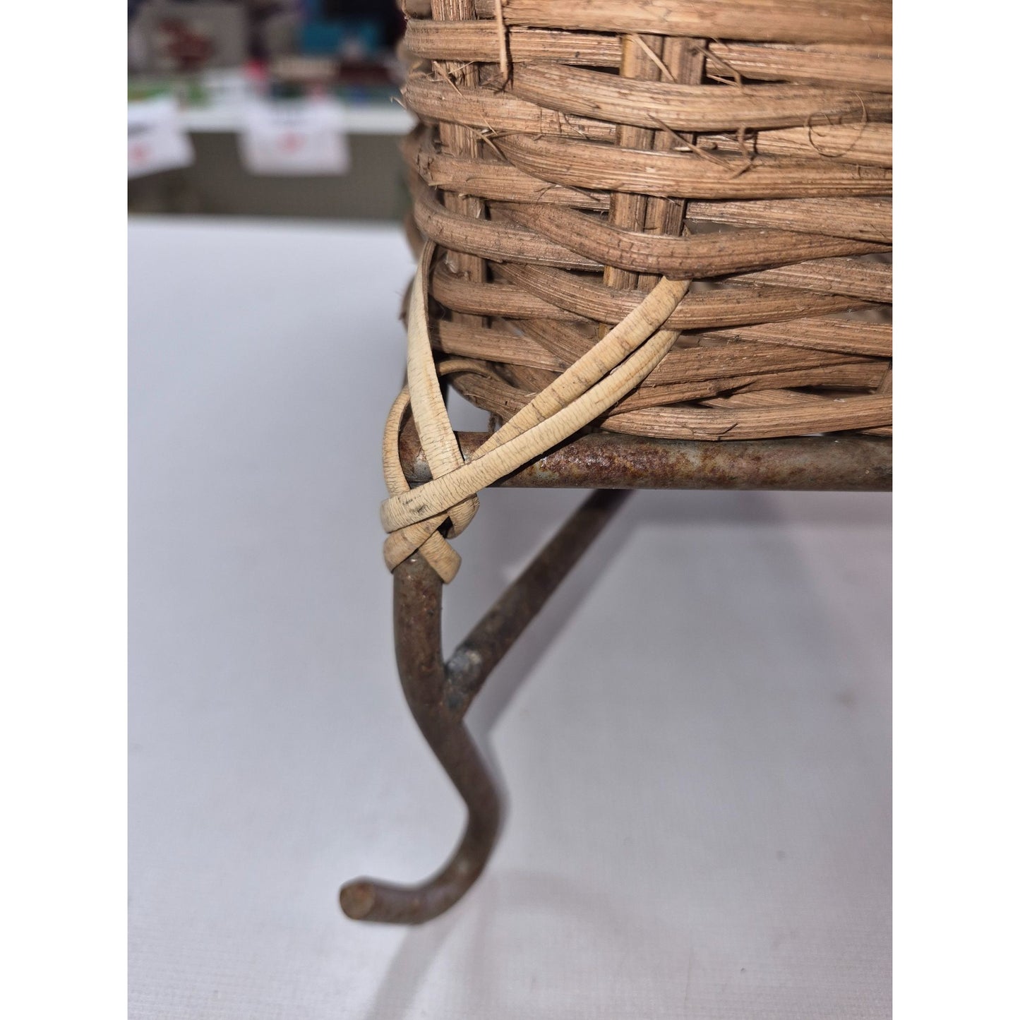 Vintage Rustic Woven Wicker Basket on Metal Stand Legs