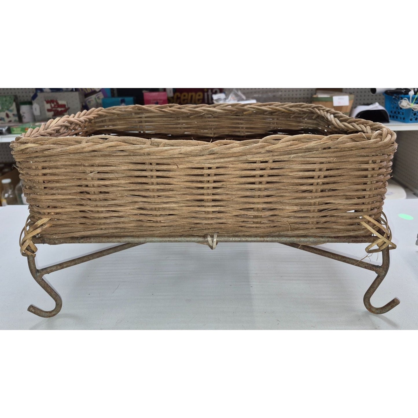Vintage Rustic Woven Wicker Basket on Metal Stand Legs
