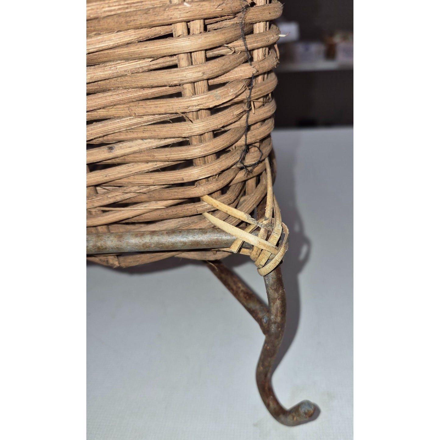 Vintage Rustic Woven Wicker Basket on Metal Stand Legs