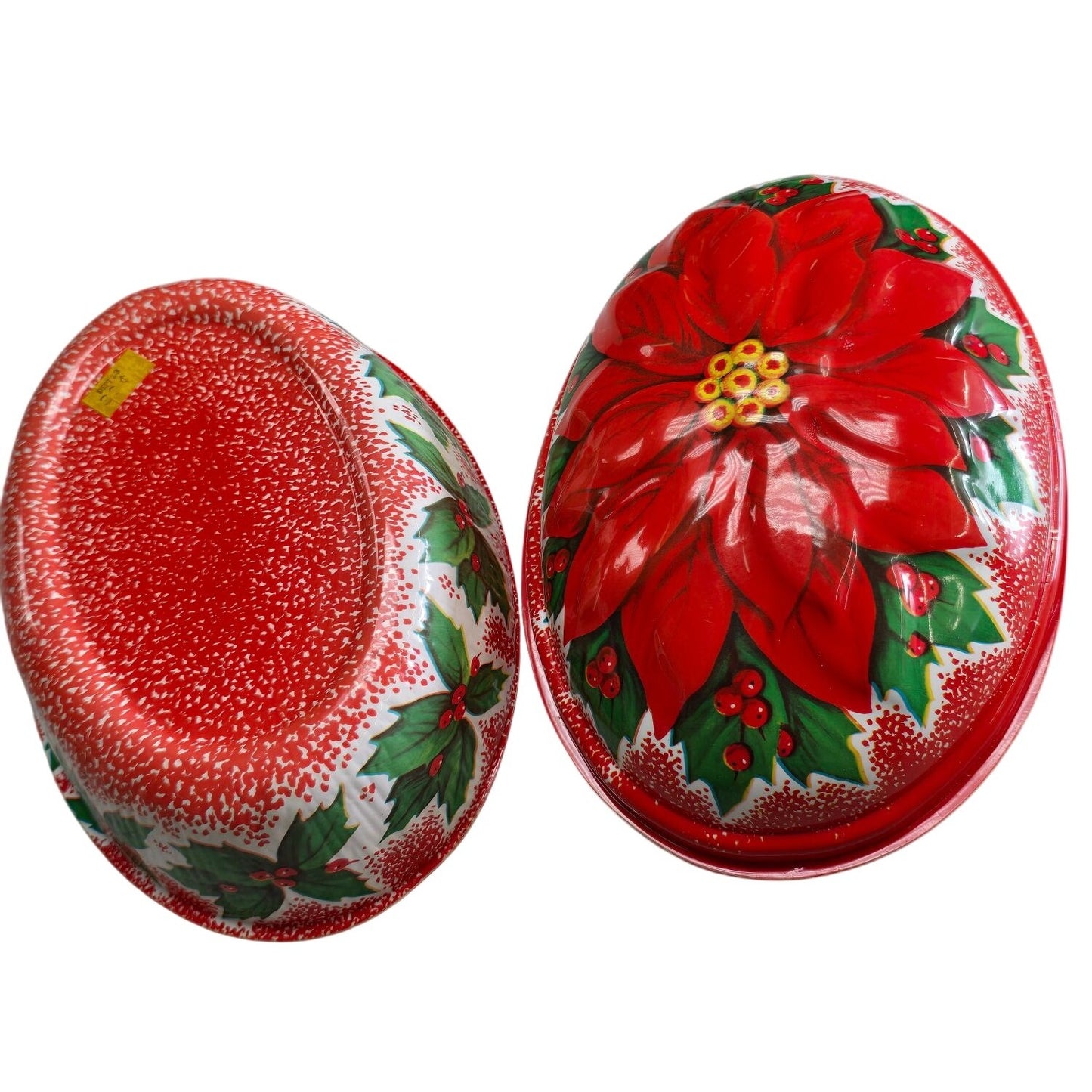 Vintage Holiday Plastic Oval Cookie Container Lid Red Poinsettia