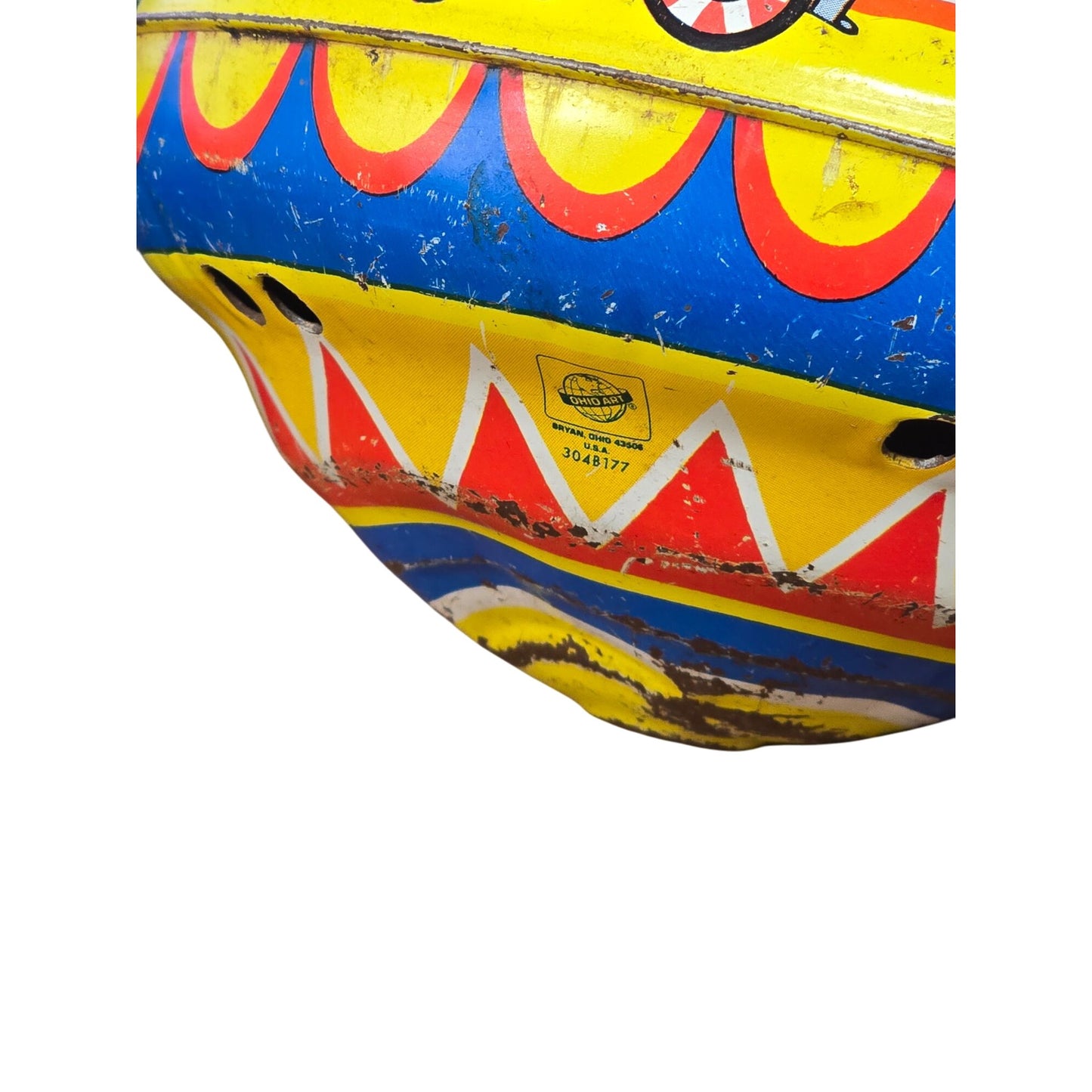 Vintage Ohio Art Company Metal Spinning Top Toy With Circus Train Design