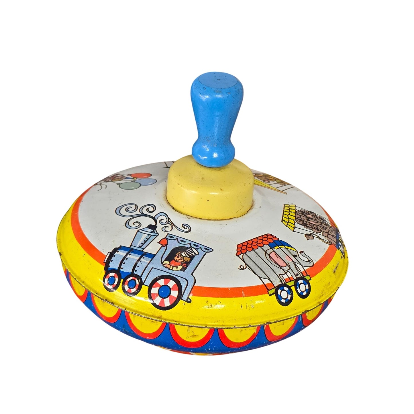 Vintage Ohio Art Company Metal Spinning Top Toy With Circus Train Design