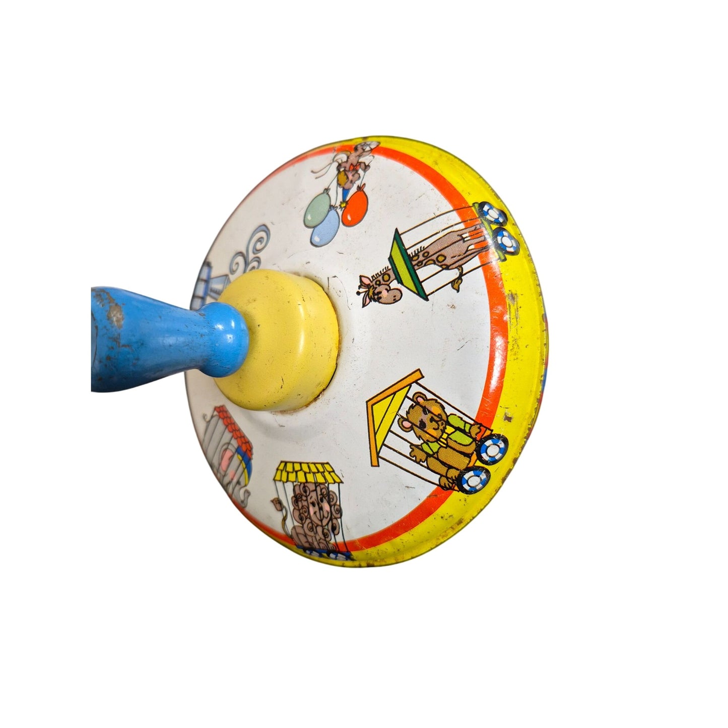 Vintage Ohio Art Company Metal Spinning Top Toy With Circus Train Design